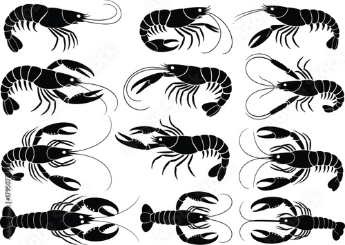 Shrimp and lobster silhouettes, crustacean vector icons, seafood illustration set, marine animal shapes, black graphic design elements, editable clipart