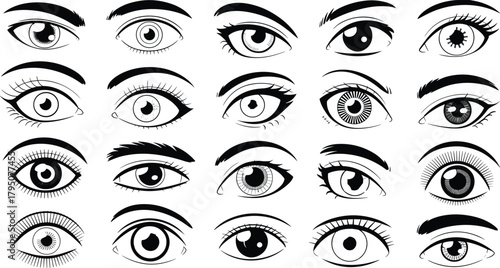 Stylized human eye illustrations, black and white eye sketches, expressive eye designs, character design elements, visual storytelling, artistic anatomy reference
