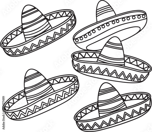 Mexican Sombrero Hat Vector Illustration Set Fiesta Design
