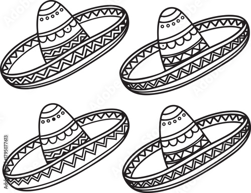 Mexican Sombrero Hat Vector Illustration Set Fiesta Design
