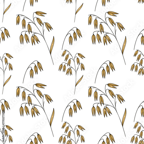 Seamless vector pattern of golden oat stalks with detailed seed heads and delicate stems, set against a clean white background.