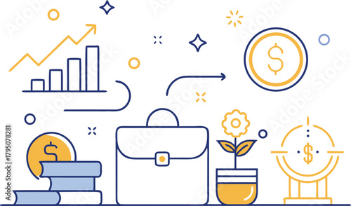 Business and finance concept with growth charts coins briefcase and books investment