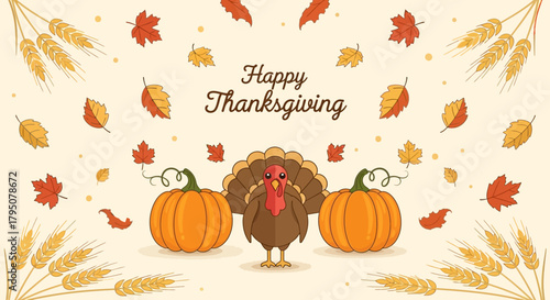Happy Thanksgiving illustration featuring a turkey, pumpkins, autumn leaves, and wheat stalks on a cream background.