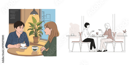Vector illustration: People chatting in cafes design set