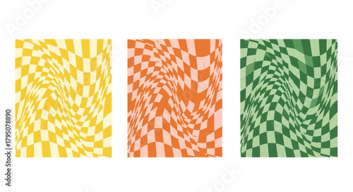 Vibrant Retro Checkered Swirl Patterns in Yellow, Orange, and Green