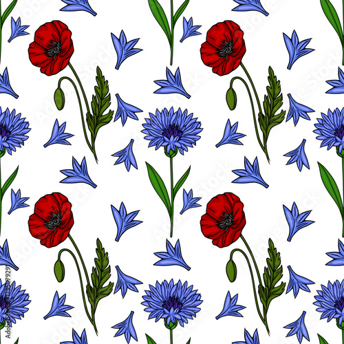 Seamless vector pattern featuring vibrant red poppies and delicate blue cornflowers with green foliage on a clean white background.