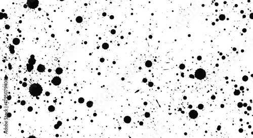 Abstract grunge background with black ink paint splatters and drops isolated on a white surface