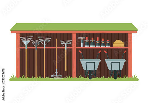 A flatstyle illustration of garden tools stored in a wooden shed