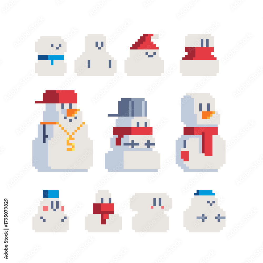 Obraz premium Pixel funny snowmen in different hats and scarves set. Winter 8-bit character collection for Christmas and New Year design, retro games, and festive decoration projects.