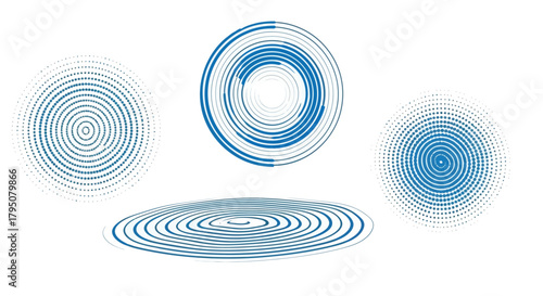 Abstract Blue Concentric Circle Designs Modern Geometric Shapes on White Backgrounds