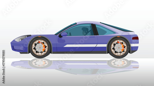 Concept vector illustration of detailed side of a flat soft purple sport car. Can view interior of car with driver man. 