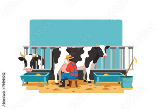 Farmer handmilking a black and white cow inside a barn stall