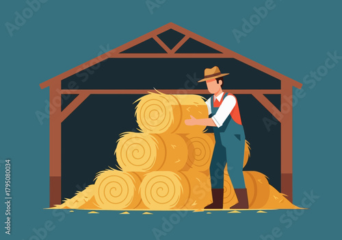 Farmer stacking round hay bales inside an opensided barn structure