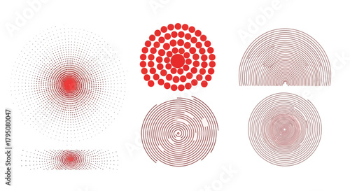 Diverse set of abstract red circular and radial patterns, including dot arrangements and swirling line art, ideal for modern graphic design projects