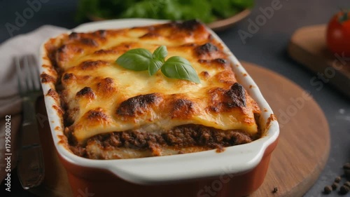 Wallpaper Mural Delicious baked lasagna in a dish, ready to be served, topped with a fresh basil leaf. A culinary masterpiece, rich in flavor and textures Torontodigital.ca