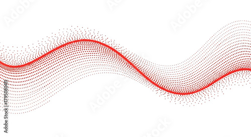 Dynamic abstract red waveform with flowing particle trail, evoking concepts of energy, data movement, or sound frequency against a pristine white backdrop
