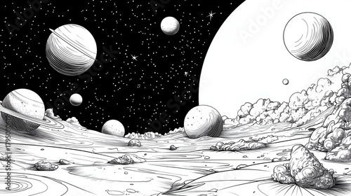Cosmic landscape featuring various planets, stars, and clouds in black and white illustration. scene evokes sense of wonder and exploration