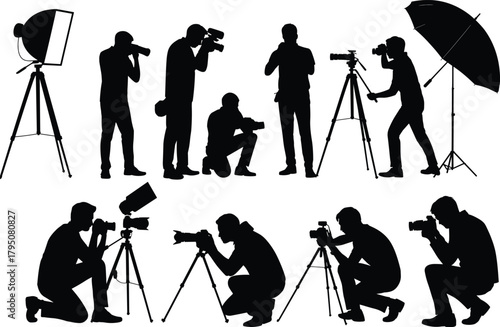 Photographer silhouettes, camera tripod setup, studio lighting, professional photography poses, kneeling, crouching, standing, softbox, umbrella reflector, photo shoot scene