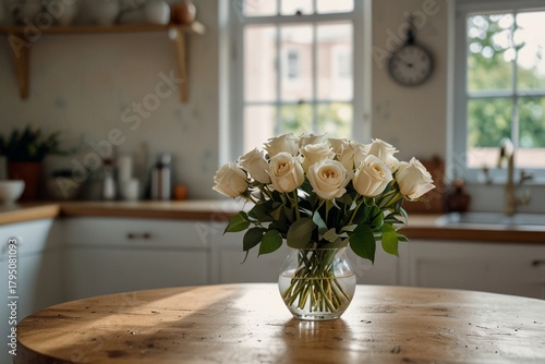 white roses in a vase against the backdrop of a forge