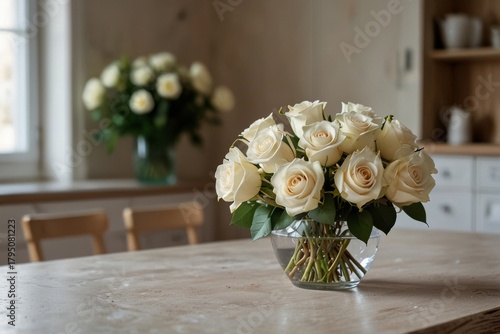 white roses in a vase against the backdrop of a forge