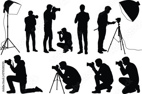 Photographer silhouette, camera pose, studio light setup, tripod scene, professional photography, black figure, photo shoot, kneeling, standing, squatting