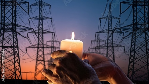 Hands holding lit candle against electrical transmission towers at dusk, symbolizing power outage and energy crisis concept