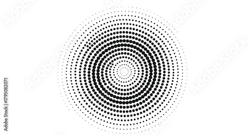 Abstract black and white circular pattern with halftone dots creating a hypnotic optical illusion effect on a white background