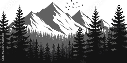Black and white mountain landscape, dramatic peaks, forest silhouette, birds flying, tranquil nature scene, wilderness view, outdoor adventure, peaceful environment, scenic illustration