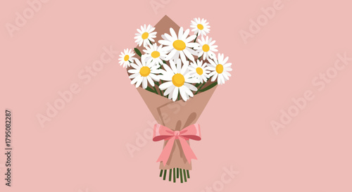Delicate Bouquet of Daisies with Ribbon Tie on Salmon Background