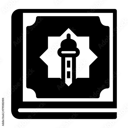 Holy Quran Book and Islamic Learning Icon. Religious Text with Arabic Geometric and Minaret Design for Education and Spirituality