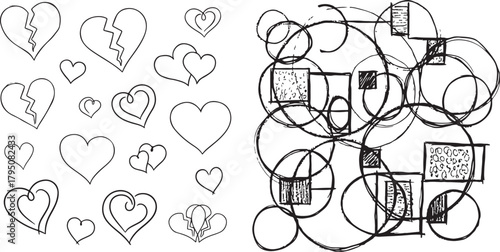 Hearts and Abstract Geometric Shapes Pattern Design in Black and White