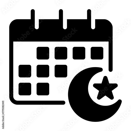 Islamic Calendar and Lunar Dating Icon. Monthly View with Crescent Moon and Star Symbol for Holy Days, Ramadan, and Eid Schedule