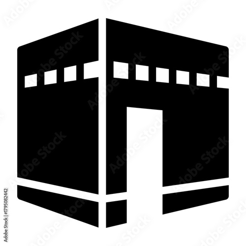 Sacred Kaaba in Mecca Islamic Icon. Minimalist Black Vector Glyph of the Holy Site in Masjid al-Haram, Symbolizing Hajj and Umrah Pilgrimage for Muslim Religious Apps, Websites, and Educational Guide