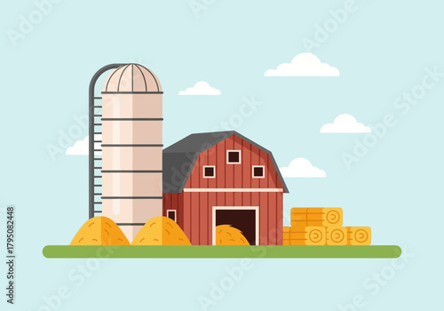 Flat illustration of a red barn and silo with hay bales under a pale blue sky