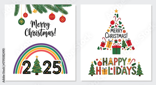 Festive Christmas and Holiday Greetings Illustration with Trees and Ornaments