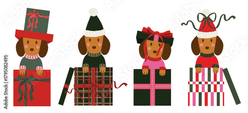SET OF 4 CHRISTMAS DACHSHUND ILLUSTRATIONS IN GIFT BOXES – CUTE HOLIDAY DOG CLIPART, FESTIVE PET DECORATION