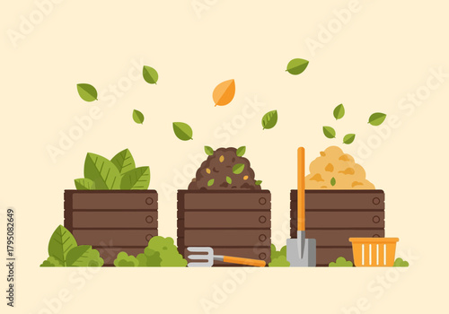 Three wooden compost bins with garden tools and falling leaves