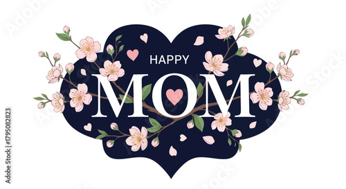 Happy Mother's Day Design with Floral Accents on Navy Blue Background