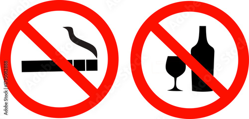 A set of prohibition signs showing no smoking and no alcohol symbols. Red circle with diagonal line for health, safety, and public area regulations.
