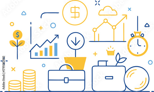Financial growth and investment concept with charts coins and briefcase finance money