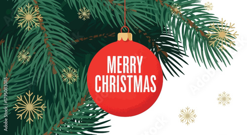 Festive Christmas Bauble and Evergreen Sprigs Background with Snowflakes