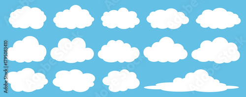 set of vector illustrations of clumpy clouds, cloud bubbles in flat style on a blue background	