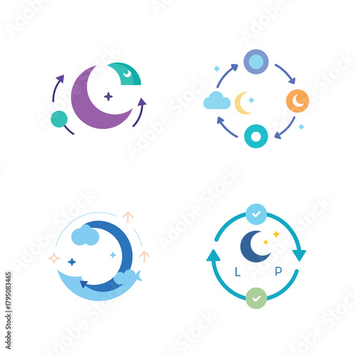 Four Circular Icons Depicting Moon Phases and Cycles With Arrows Keywords: moon phases, cycle, celestial, night, sky, crescent, full moon, new