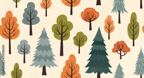 Autumn and Evergreen Trees Patterned Background, Nature's Seamless Forest Illustration