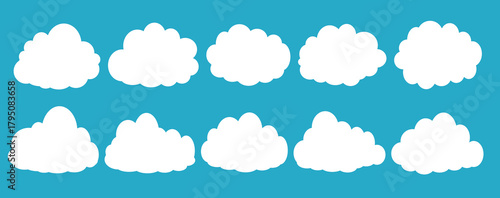 set of vector illustrations of clumpy clouds, cloud bubbles in flat style on a blue background	