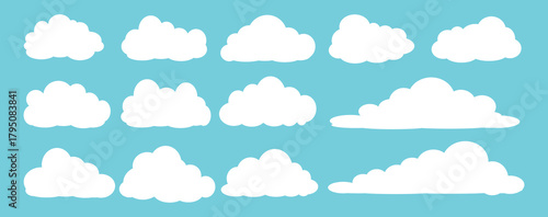 set of vector illustrations of clumpy clouds, cloud bubbles in flat style on a blue background	