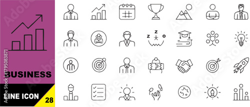 Business management and corporate strategy icons set, financial growth symbols, productivity planning elements, teamwork development, office workflow graphics, economic analysis, professional success 