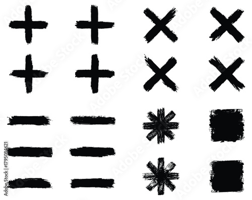 Set of hand-drawn black brushstroke x, star and plus signs. Vector retro hand drawn illustration.