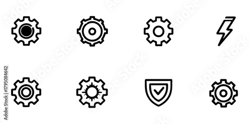 Collection of simple outline icons representing settings gears security shield with checkmark and lightning bolt for power