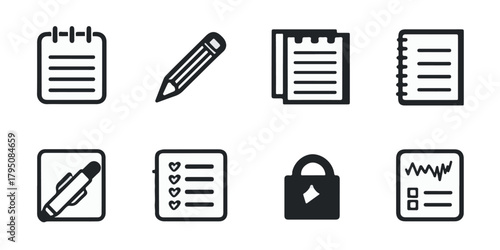 Collection of simple hand drawn icons representing notes writing tasks and security for digital or print use